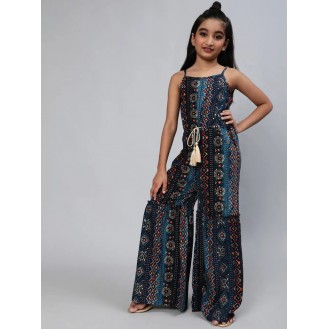 Navy Blue & Red Gold Bandhani Printed Jumpsuit