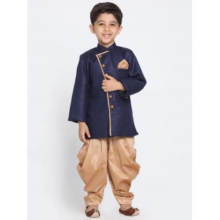 Boys Navy Blue and Rose Gold Cotton Sherwani and Dhoti (Set of 2)