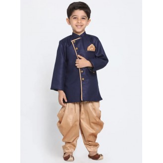 Boys Navy Blue and Rose Gold Cotton Sherwani and Dhoti (Set of 2)