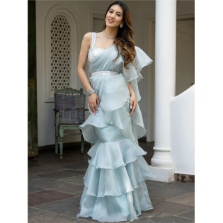 Marian Blue Sequin Organza Saree with Stitched Blouse