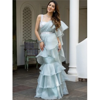 Marian Blue Sequin Organza Saree with Stitched Blouse