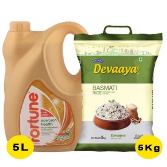 Fortune Physically Refined Ricebran Oil 5 L + Daawat Devaaya Basmati Rice 5 kg (Combo Pack)