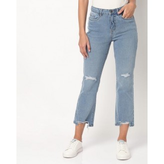 Lightly Washed Skinny Fit Bootcut Jeans with Distressing